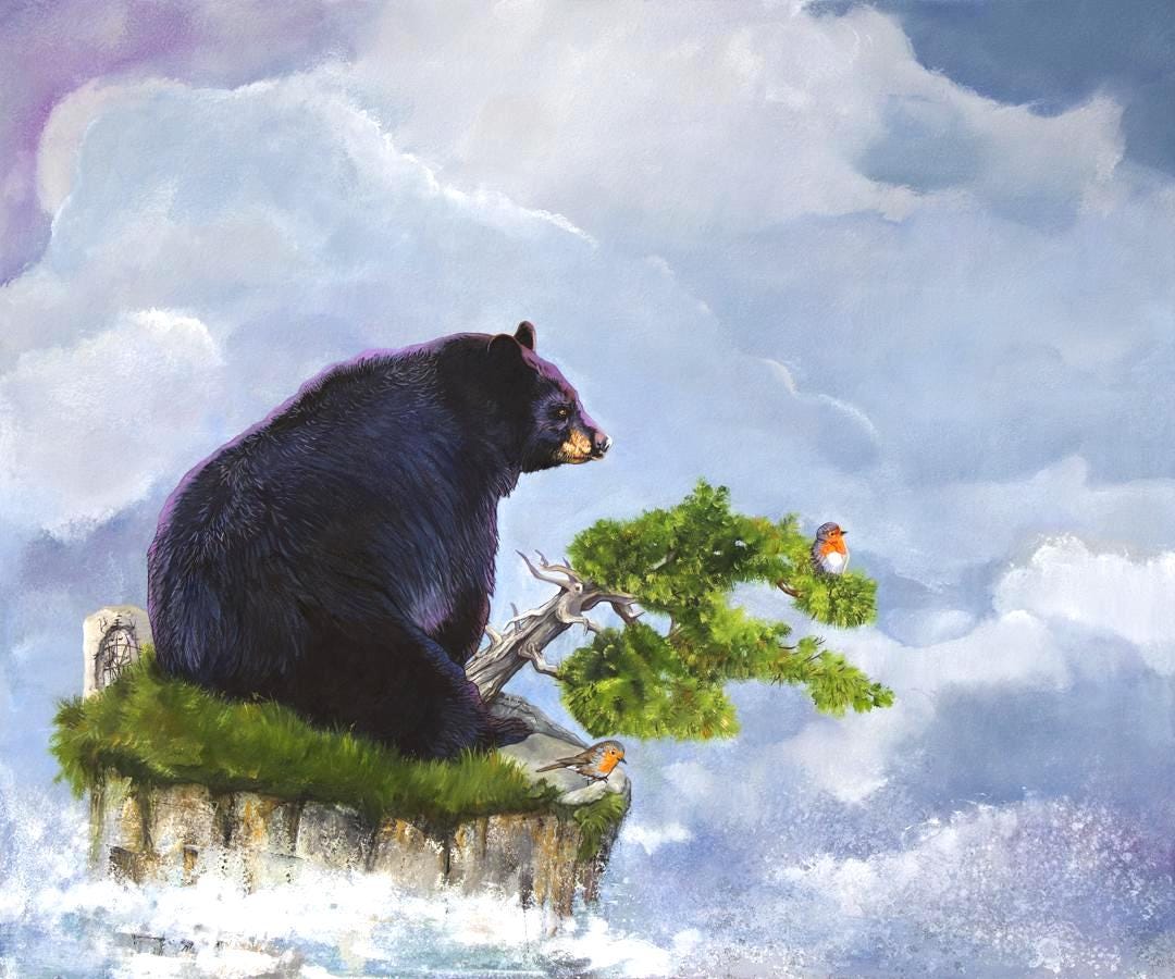 ツキノワグマの絵画 - 謎（クマは島ではない） - オリジナルアート