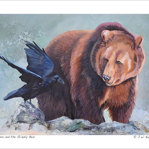 May include: A painting depicting a brown grizzly bear and a black raven. The bear is standing on a rocky surface, with the raven perched on a rock in front of it. The background is a light blue colour with a textured effect. The painting is titled "Raven and the Grizzly Bear" and signed "O J W Baker".