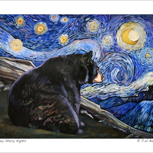 Beary Starry Nights - Whimsical Black Bear Art - Wildlife Art Reproduction