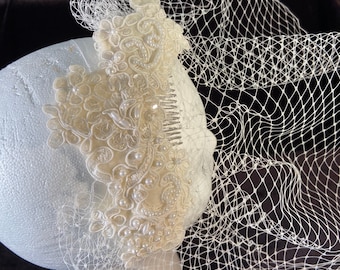 Ivory Lace, Sequined and Beaded Bridal Headpiece