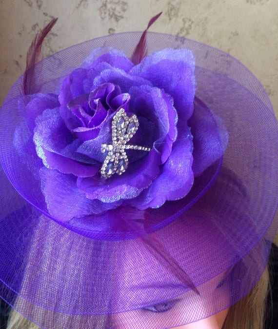 Purple Fascinator with Floral Accent Kentucky Derby Hat Church Tea Headwear kentucky derby hat fascinator royal blue sinamay with violet  main image 4