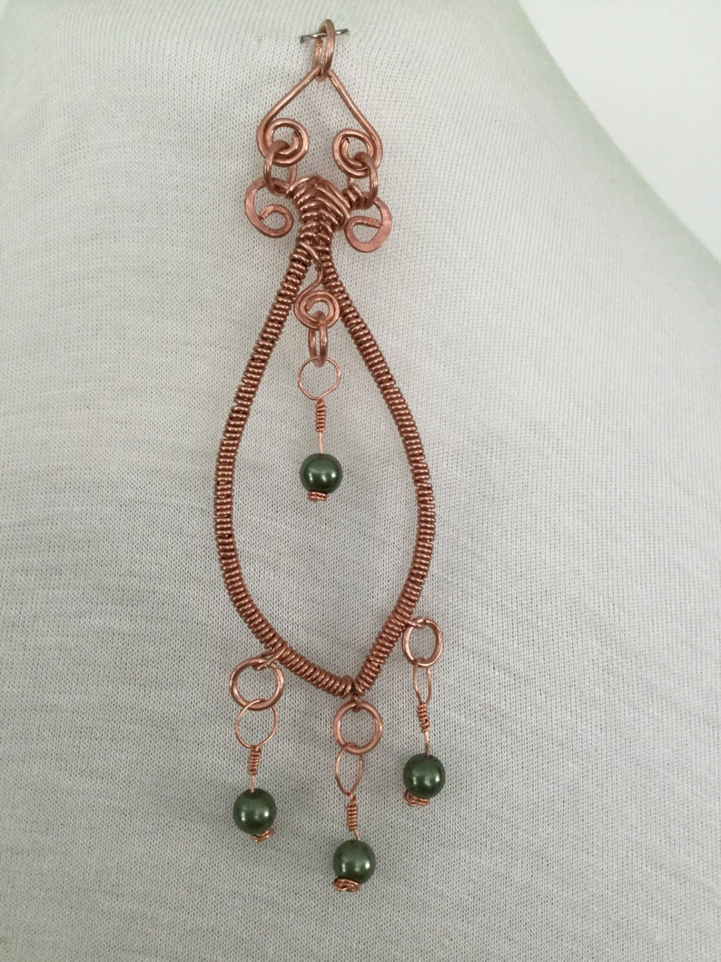 Coiled Copper Drop Pendant. Czech Olive Green Glass Pearls Etsy