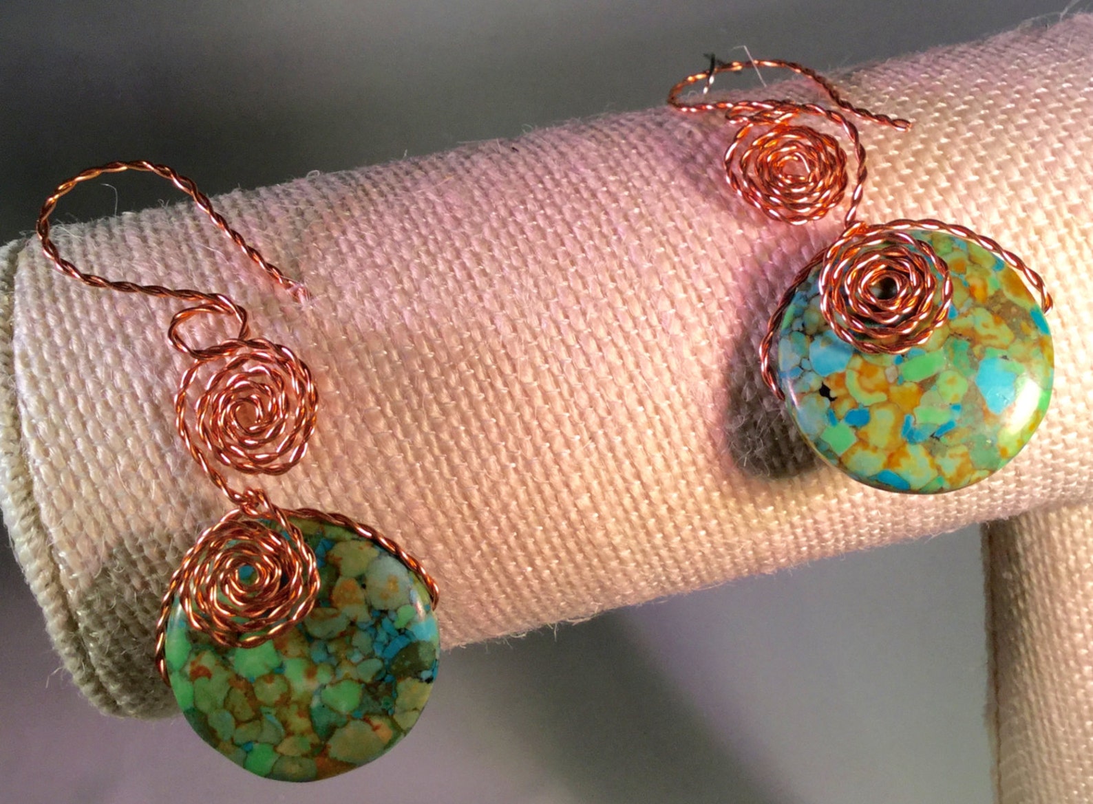 Twisted Copper Wire Coiled Earrings. Holding 1 Wide Lentil Shape Stone