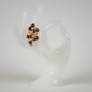 Serpentine, Adjustable 6 1/2 inches Copper Coiled Ring, Embellished with Green Czech Glass Pearls,Wire Wrapped.
