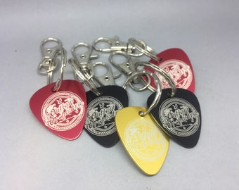 Custom Guitar pic shaped metal key ring with your name, text or design
