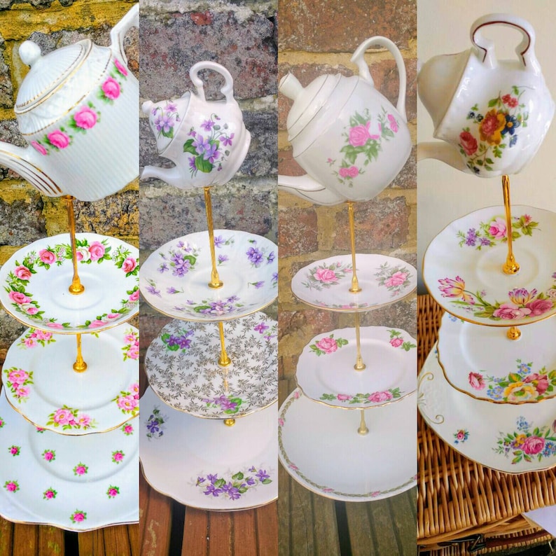 Vintage Mismatched China Mix 3 Tier Cake Stands Teapot Topper Tray Wedding Centrepiece Afternoon Tea Crockery Mad Hatters Party 2 8pc