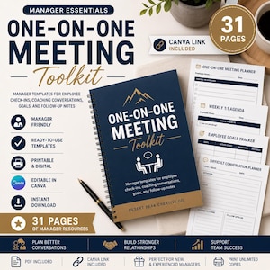 May include: A spiral-bound One-on-One Meeting Toolkit with a dark blue cover featuring a mountain icon, text, and a black pen. The set includes 31 pages of printable manager templates for employee check-ins, coaching, goals, and follow-up notes.