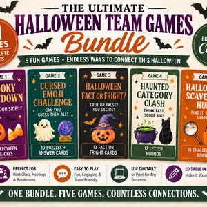 Puede incluir: Un paquete digital de juegos de equipo para Halloween con 61 páginas y 5 juegos, incluyendo Spooky Showdown, Cursed Emoji Challenge, Halloween Fact or Fright, Haunted Category Clash y Halloween Scavenger Hunt, editables en Canva.