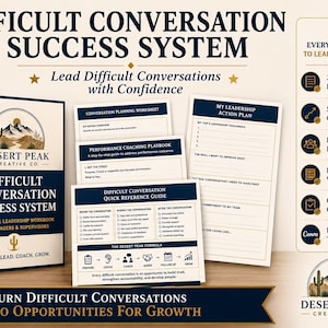 Puede incluir: Un libro de trabajo de liderazgo Difficult Conversation Success System y páginas imprimibles en azul marino y crema. El conjunto incluye una guía, hojas de trabajo de planificación y un plan de acción con texto sobre marcos de liderazgo.
