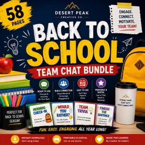 Op de afbeelding: Een 58-pagina tellend Back to School Team Chat Bundle digitaal product met een donkerblauwe achtergrond en gele tekst. Bevat een stapel boeken, een rode appel, een gele rugzak, een pennenhouder en een witte beker met de tekst Strong Teams Start With Great Connections. Vier kleurrijke kaarten tonen prompts voor ochtend check-ins, would you rather, team trivia en maak de zin af.