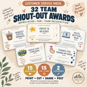 Op de afbeelding: Een set van 32 printbare team-awardkaarten voor de klantenserviceweek. De kaarten bevatten verschillende ontwerpen, waaronder Biggest Coffee Drinker, Above & Beyond, Mute Button MVP, Group Chat Comedian en Thanks For Having My Back.