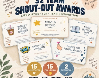 Op de afbeelding: Een set van 32 printbare team-awardkaarten voor de klantenserviceweek. De kaarten bevatten verschillende ontwerpen, waaronder Biggest Coffee Drinker, Above & Beyond, Mute Button MVP, Group Chat Comedian en Thanks For Having My Back.