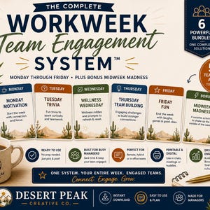 Op de afbeelding: Een digitale productset getiteld The Complete Workweek Team Engagement System met zes kaarten van maandag tot vrijdag plus een bonuskaart. Het ontwerp bevat illustraties in woestijnstijl, tekstbeschrijvingen voor teamactiviteiten en iconen.