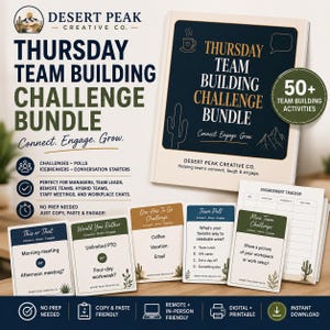 Op de afbeelding: Een Thursday Team Building Challenge Bundle van Desert Peak Creative Co. met een handleiding, diverse activiteitenkaarten met vragen zoals This or That en Would You Rather, en een engagement tracker, voorzien van woestijnillustraties.