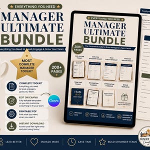May include: A digital manager ultimate bundle displayed on a tablet screen, featuring over 200 pages of editable templates for team leads. The layout includes toolkits for one-on-ones, employee spotlights, and check-ins, with Canva and PDF icons.
