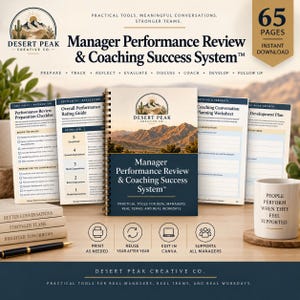 May include: A spiral-bound Manager Performance Review & Coaching Success System workbook with a desert mountain logo. Includes 65 pages, a performance rating guide, coaching worksheets, and a white mug with the text People Perform When They Feel Supported.