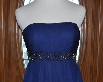 Hailey by Adrianna Papell Navy Blue Layered Evening Gown, Formal Strapless Royal Blue Gown, Royal Blue Beaded Spaghetti Strap Formal Gown