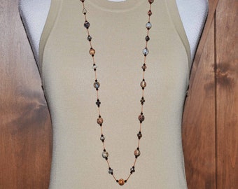 Hand Knotted Necklace, Handmade Knot Necklace, Birdseye Rhyolite Necklace, Swarovski Crystals, Boho Jewelry, Boho Necklace, Long Necklace