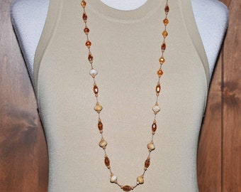 Hand Knotted Necklace, Tan and Gold Beaded Necklace, Boho Style Necklace, Boho Jewelry, Long Beaded Necklace, Crystal Necklace