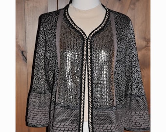 Chicos Black/Gray/Tan Sequin W/Silver 3/4 Sleeve Shawnee Cardigan Sweater Jacket