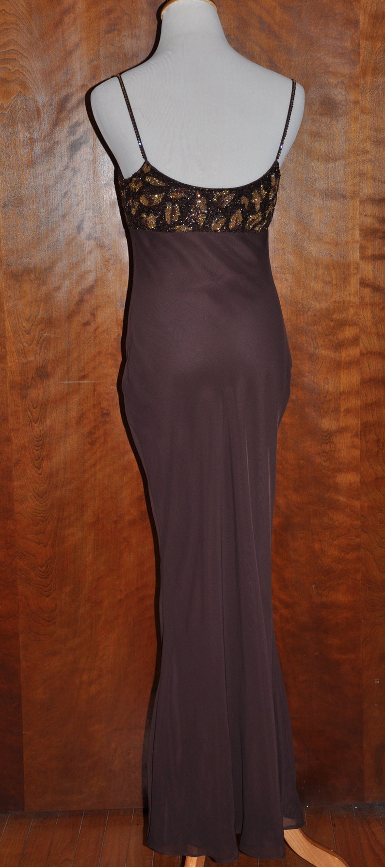 Vintage Dark Brown Empire Waist Beaded Spaghetti Strap Gown Brown Vintage Full Length Gown Mother of Bride Brown Beaded Empire Waist Gown