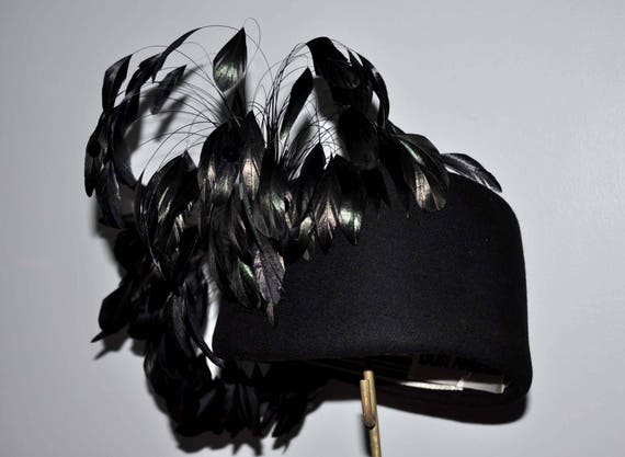 Vintage Black Wool Feather Hat, Vintage Feather H… - image 3