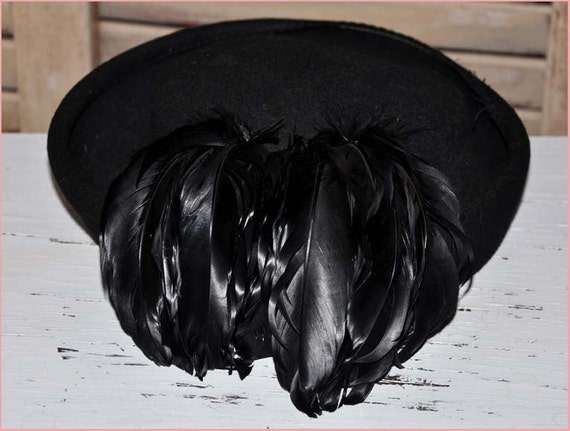 Black Wool Pillbox, Black Coq Feathers, Black Feather Hat  display picture 3