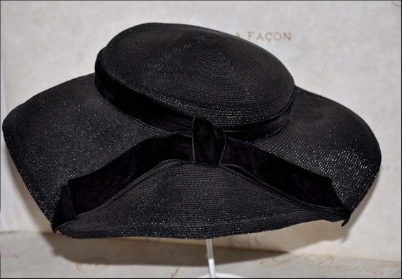 Black Wide Brimmed Hat, Vintage Black Hat, Vintag… - image 1