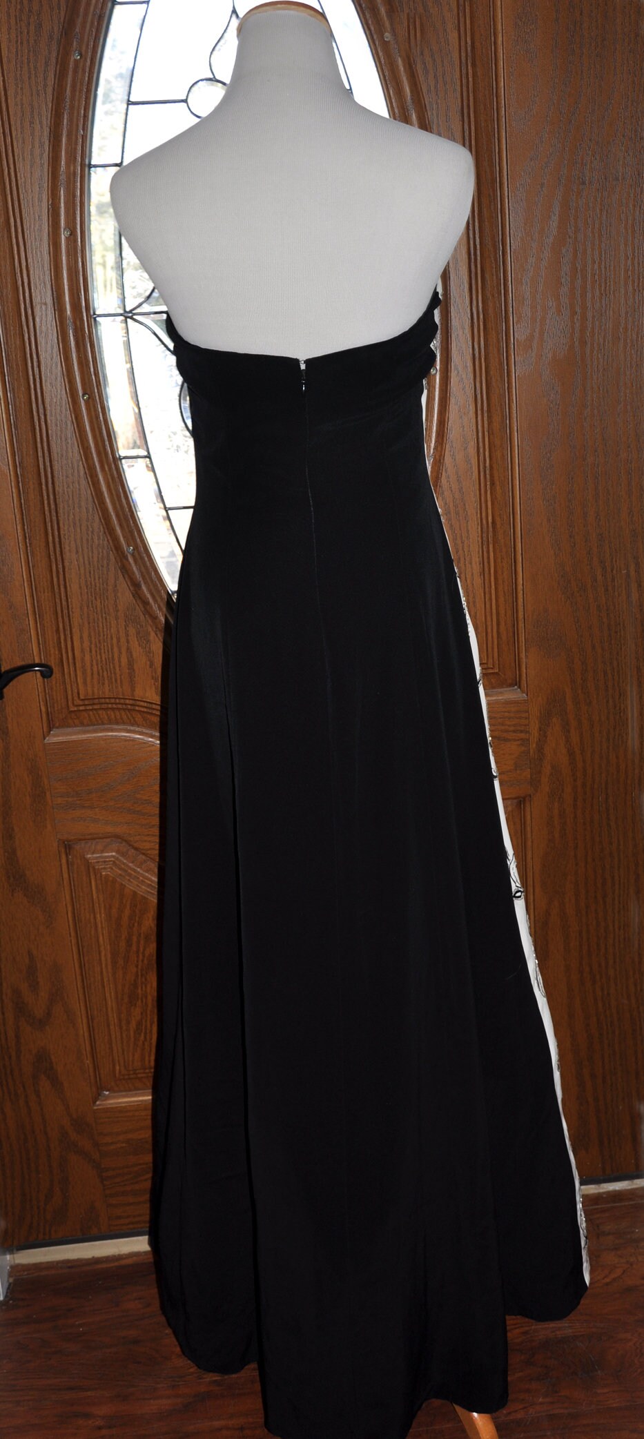 Vintage Jovani White and Black Embroidered Beaded Strapless Evening Gown, Jovani Black and White Evening Gown, Jovani Beaded Formal Gown