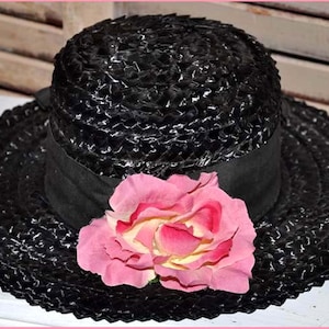 Black Straw Hat, Black Wide Brim Hat, Ladies Black Hat, Ladies Straw Hat, Black Raffia Hat, Straw Wide Brim Hat, Black Boaters Hat image 1