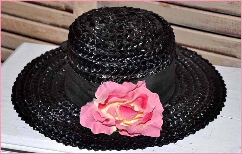 Black Straw Hat, Black Wide Brim Hat, Ladies Black Hat, Ladies Straw Hat, Black Raffia Hat, Straw Wide Brim Hat, Black Boaters Hat image 1