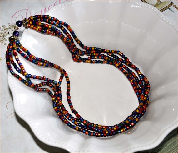 Vintage Multicolor Necklace, 5 Strand Necklace, 22 Inch Necklace 