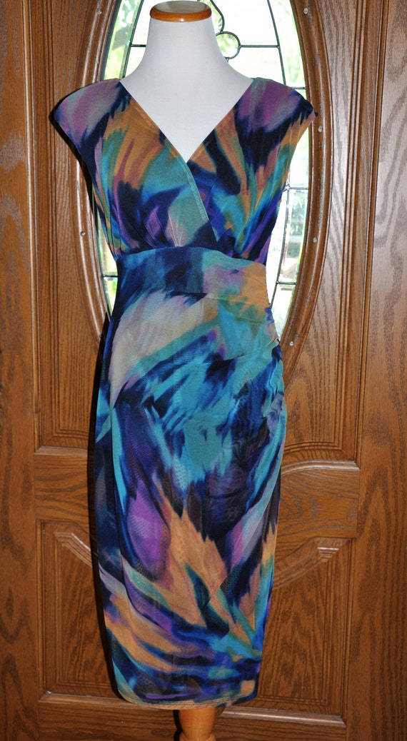 London Times Multi-Color V-Neck Knee Length Dress… - image 2