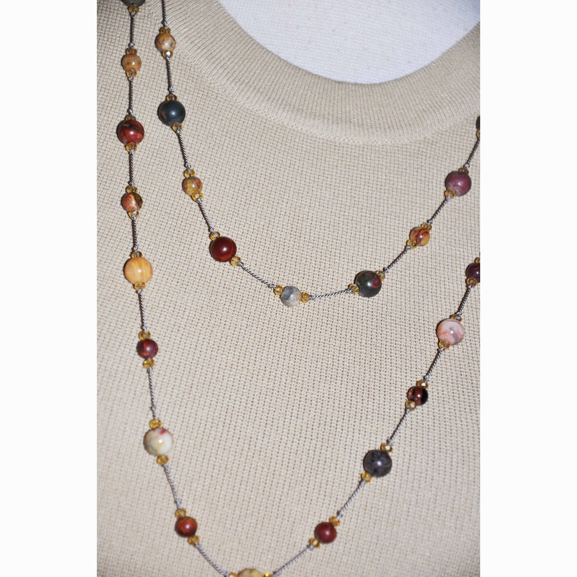 Knotted bead necklace with birdseye rhyolite beads in earthy tones