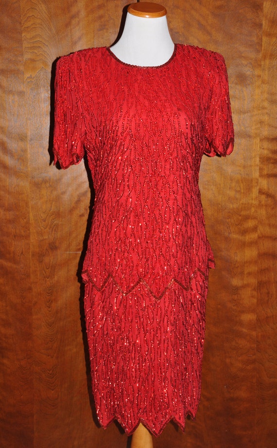 Vintage Laurence Kazar NY Red Beaded Gatsby Charl… - image 2