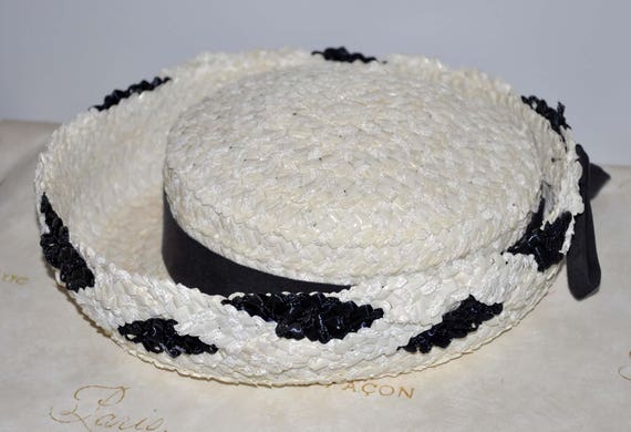 Vintage Blue and White Straw Hat, Navy Blue and Wh