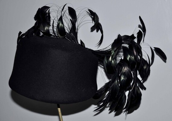 Vintage Black Wool Feather Hat, Vintage Feather H… - image 6