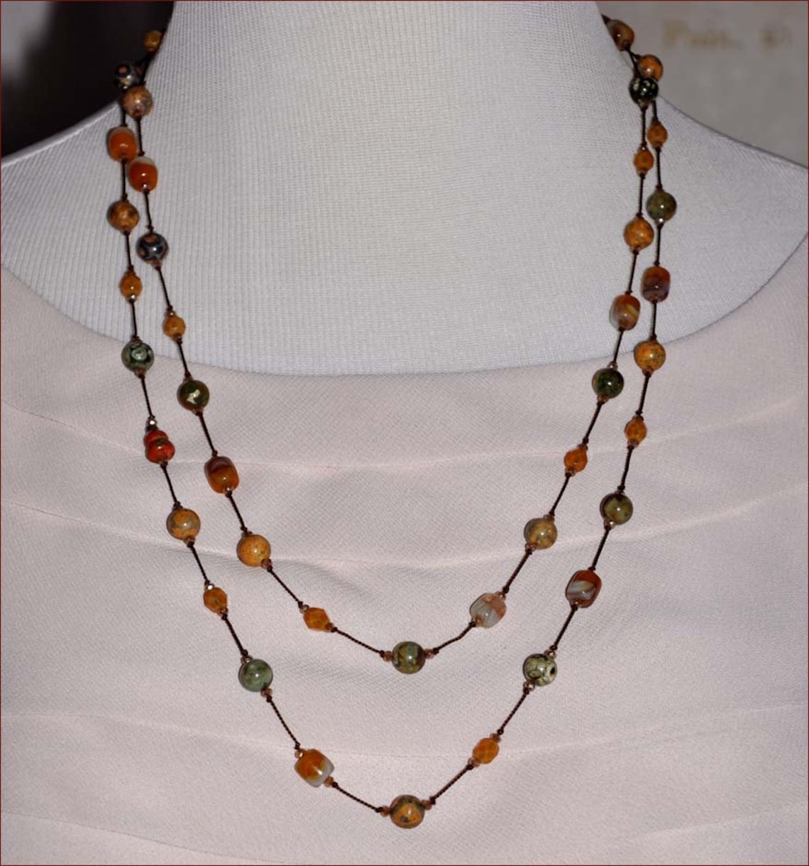 Hand Knotted Necklace Gold and Green Beaded Necklace Boho Etsy