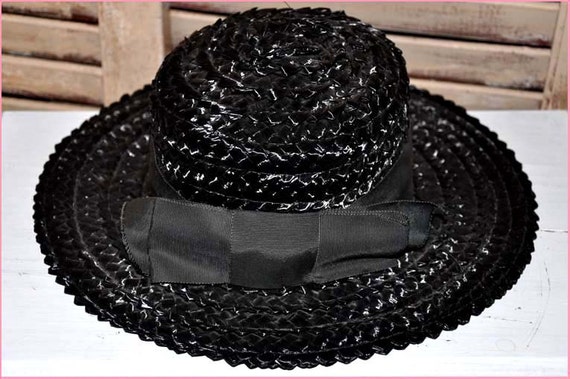 Black Straw Hat, Black Wide Brim Hat, Ladies Blac… - image 4