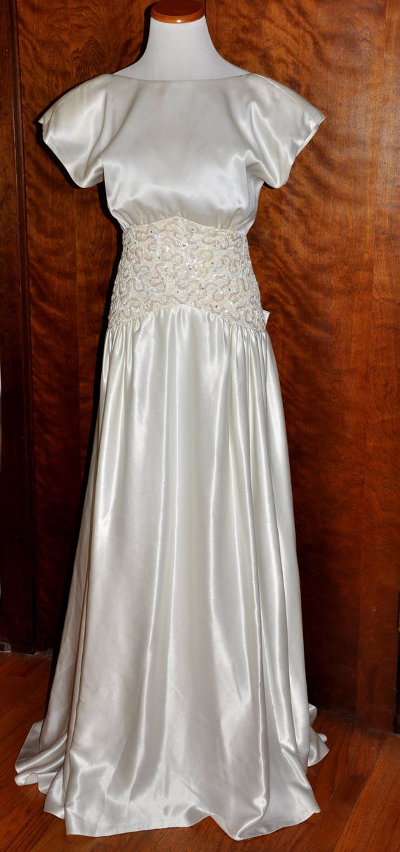 Vintage Ivory Satin, Drop Waist Sequin, and Rhine… - image 2