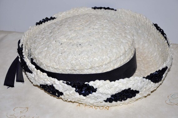 Vintage Blue and White Straw Hat, Navy Blue and W… - image 3