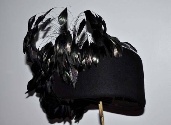 Vintage Black Wool Feather Hat, Vintage Feather H… - image 5