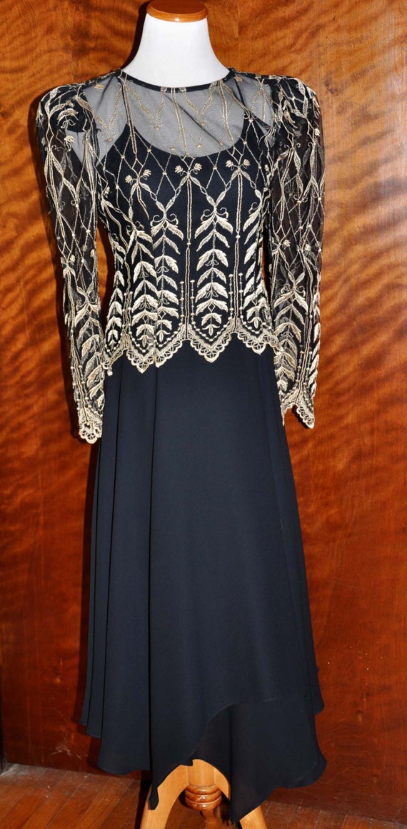 Vintage Black Chiffon Dress With Gold Embroidery,… - image 3