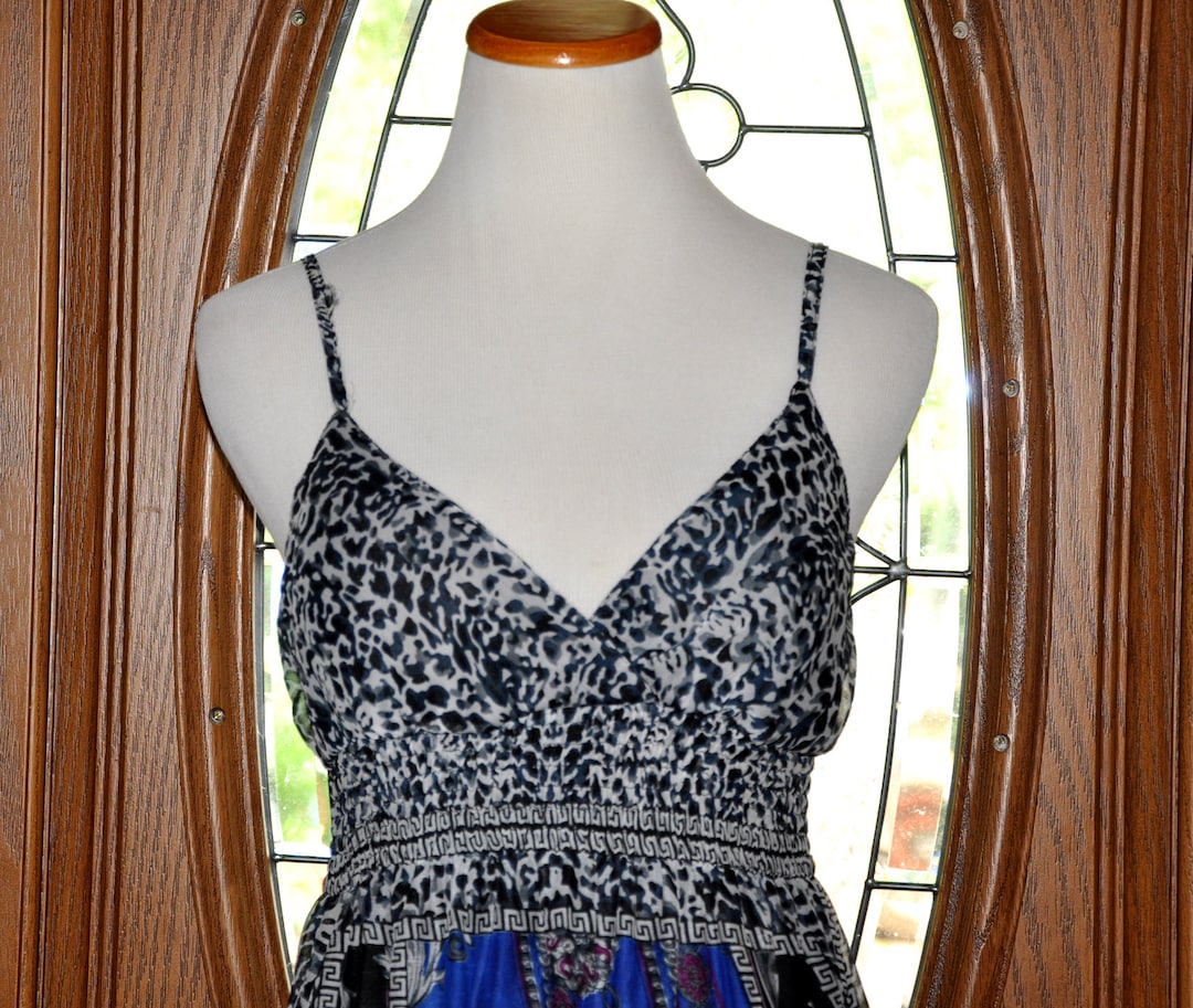 She's Cool Gray Blue & White Spaghetti Strap Maxi Dress, Gray Blue and White Maxi Dress Cruisewear, Sun Dress Maxi for Summer Vacation