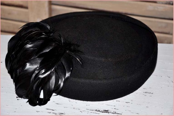 Black Wool Pillbox, Black Coq Feathers, Black Fea… - image 2