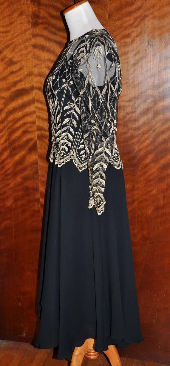 Vintage Black Chiffon Dress With Gold Embroidery,… - image 7