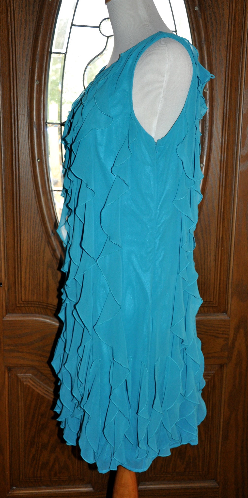 Calvin Klein Short Turquoise Ruffle Cocktail Dress, Teal Sleeveless Ruffle Party Dress, Teal Prom Dress, Flapper Gatsby Ruffled Party Dress