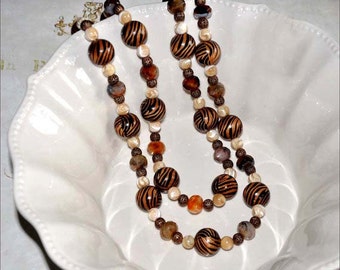Collar de cuentas de tigre, cuentas de madera de tigre, collar de cuentas de tigre, cuentas de doble hebra, collar extra largo, collar de cuentas de madera