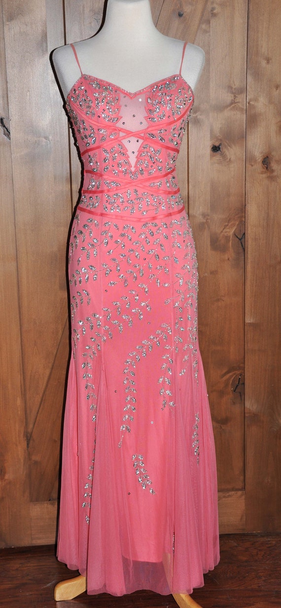Vintage Sean Collection Peach Spaghetti Strap Beaded Formal Evening Gown Size S