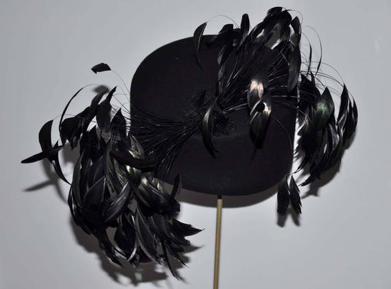 Vintage Black Wool Feather Hat, Vintage Feather Ha